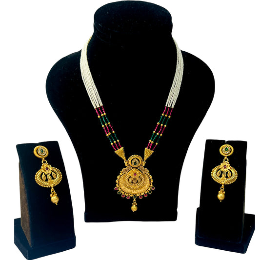 Nex Jewellers Womens Artificial Jadau Jewellery Ethnic Rajwadi Gold Plated Pearl Long Necklace Set Gold Plated Pearl Beaded Rani Haar Necklace Set Earring for Women