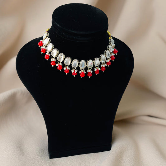 Nex Jewellers Red Beads luxurious Bridal Jewellery, Kundan Design Polki, Stones  Traditional Latest Stylish Antique Beautiful Meenakari Heavy Choker Necklace and Pearl Earrings for Women