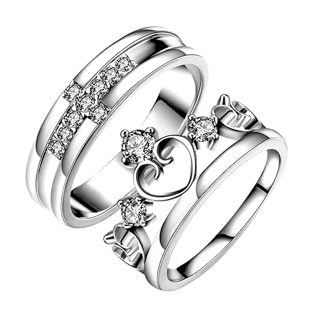 Nex Jewellers Platinum Plated American Crystal Crown Elegant Couple Adjustable Ring Gift Combo Stylish Valentine Gifts for Women Girls Men Boys Girlfriend Lovers Romantic Gift for Valentine Day