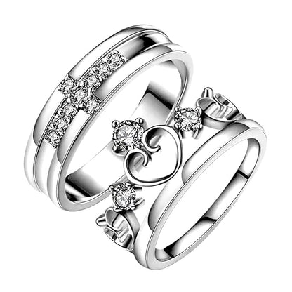 Nex Jewellers Platinum Plated American Crystal Crown Elegant Couple Adjustable Ring Gift Combo Stylish Valentine Gifts for Women Girls Men Boys Girlfriend Lovers Romantic Gift for Valentine Day