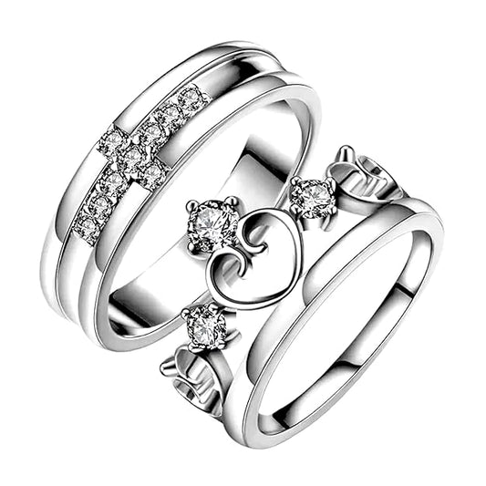 Nex Jewellers Platinum Plated American Crystal Crown Elegant Couple Adjustable Ring Gift Combo Stylish Valentine Gifts for Women Girls Men Boys Girlfriend Lovers Romantic Gift for Valentine Day