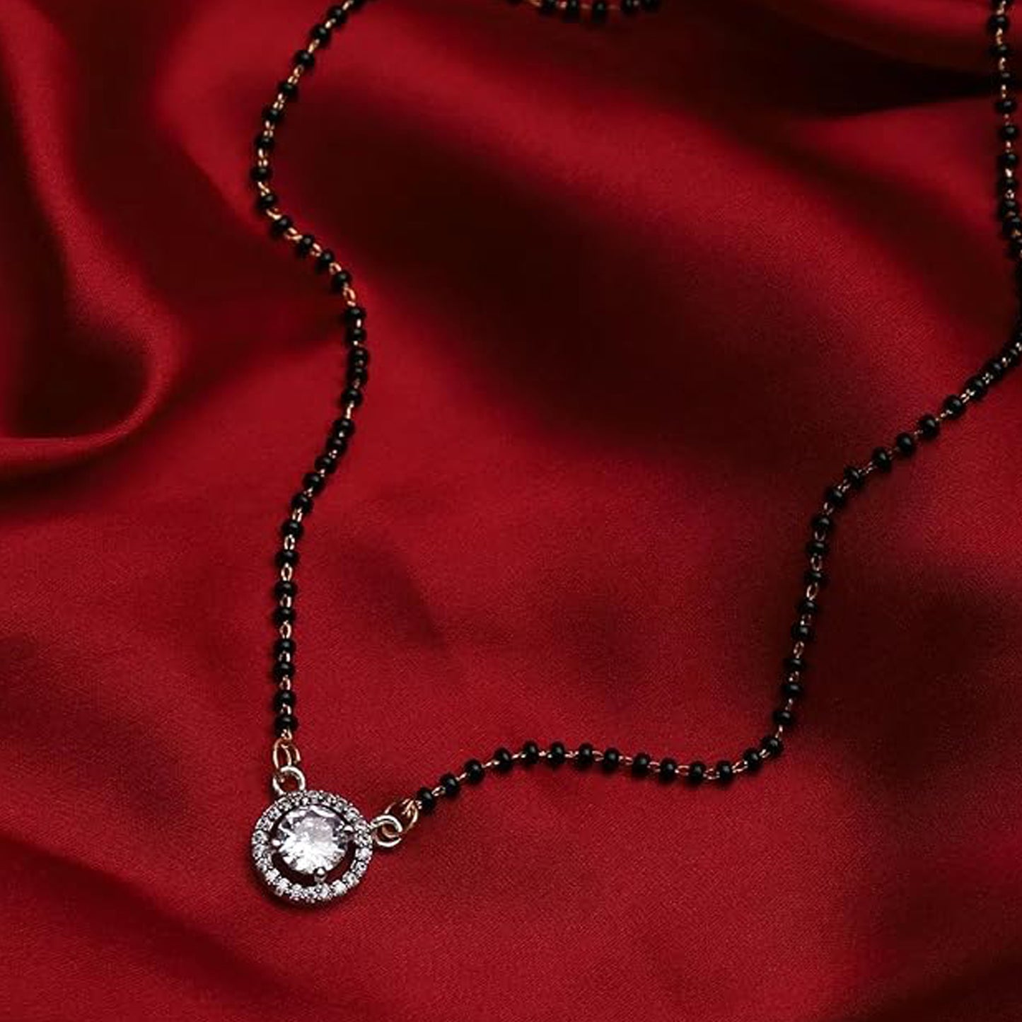 Nex Jewellers Traditional American Diamond Gold Plated Mangalsutra Tanmaniya for Women Pendant with  Black Beads Chain Gold Plated South Indian Stylish Wedding Meenakari Maharashtrian