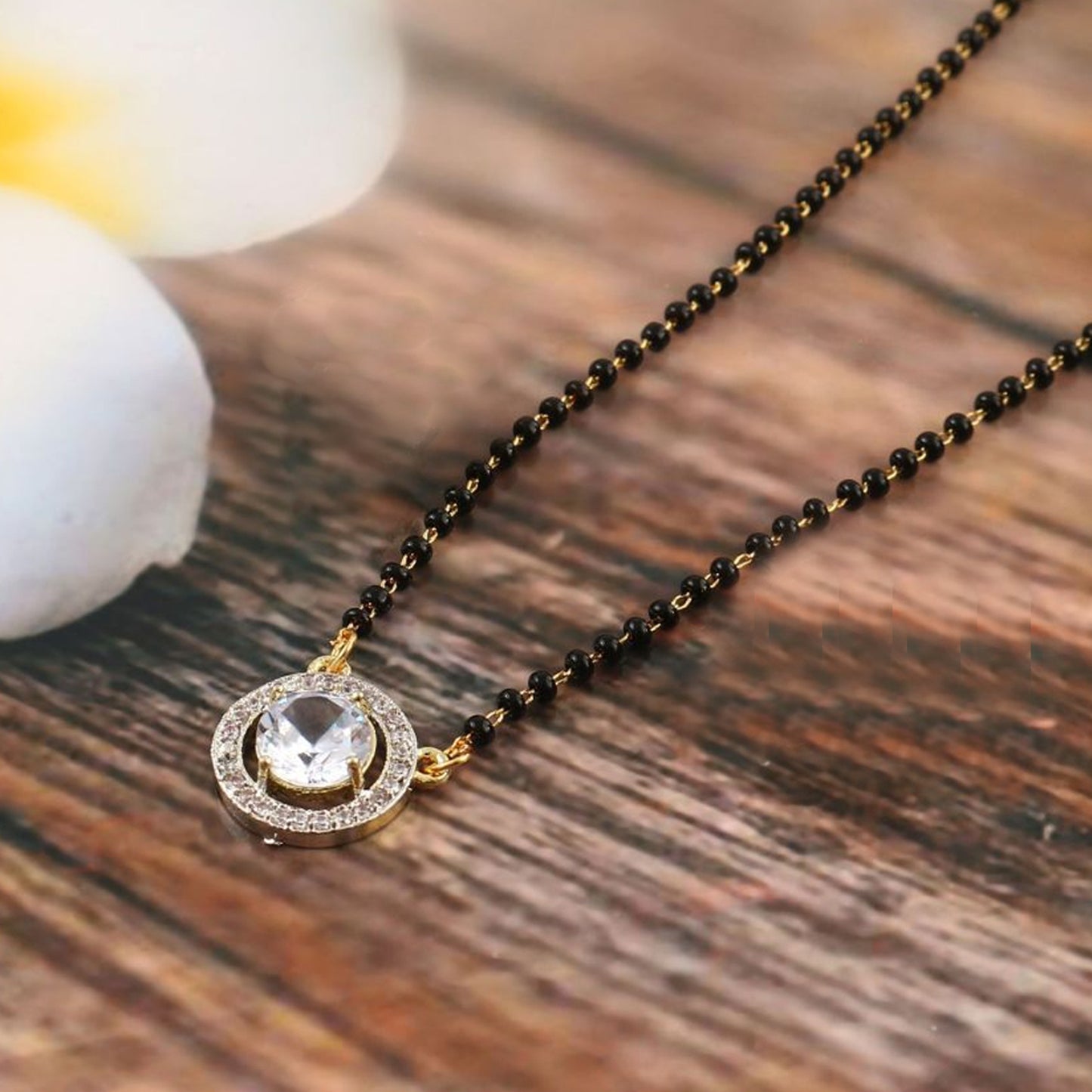 Nex Jewellers Traditional American Diamond Gold Plated Mangalsutra Tanmaniya for Women Pendant with  Black Beads Chain Gold Plated South Indian Stylish Wedding Meenakari Maharashtrian