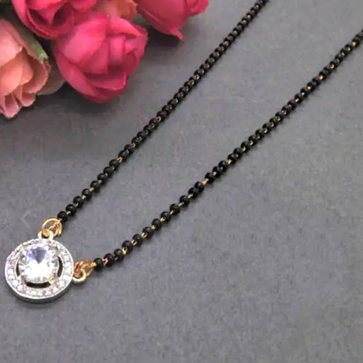 Nex Jewellers Traditional American Diamond Gold Plated Mangalsutra Tanmaniya for Women Pendant with  Black Beads Chain Gold Plated South Indian Stylish Wedding Meenakari Maharashtrian