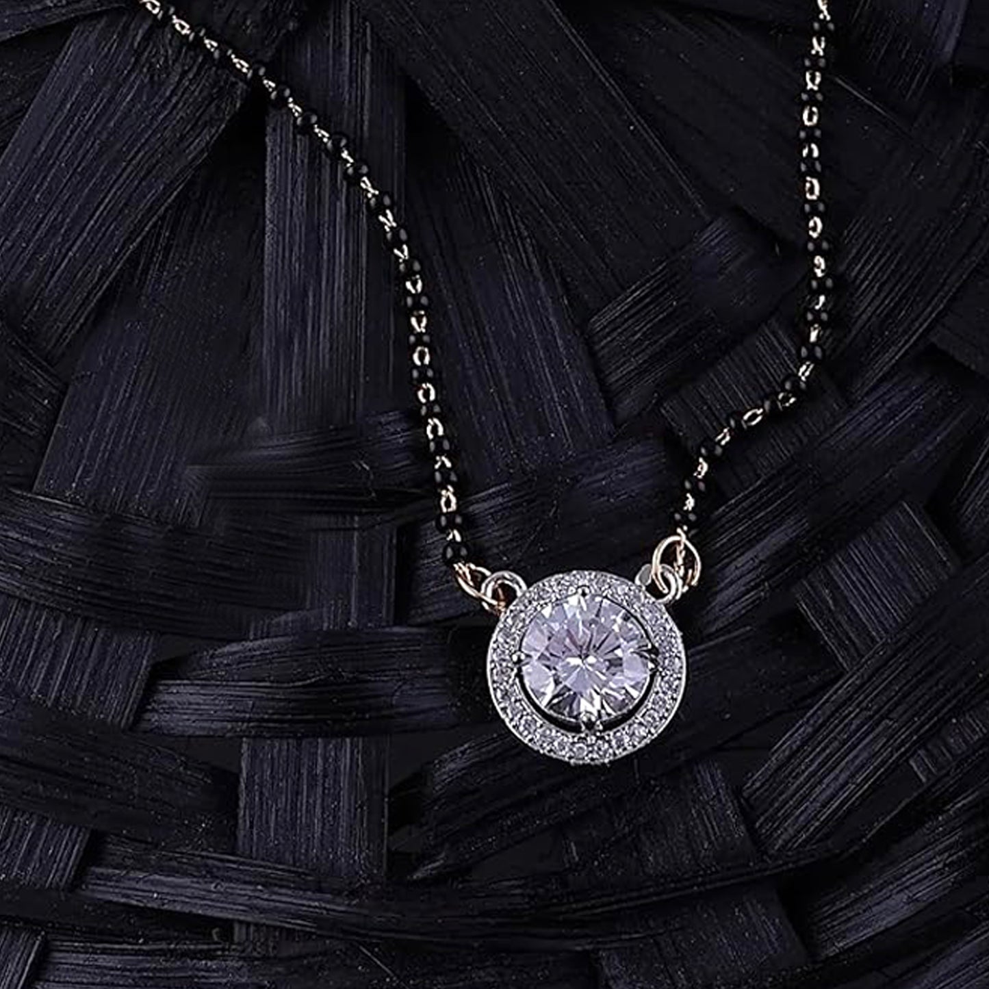 Nex Jewellers Traditional American Diamond Gold Plated Mangalsutra Tanmaniya for Women Pendant with  Black Beads Chain Gold Plated South Indian Stylish Wedding Meenakari Maharashtrian