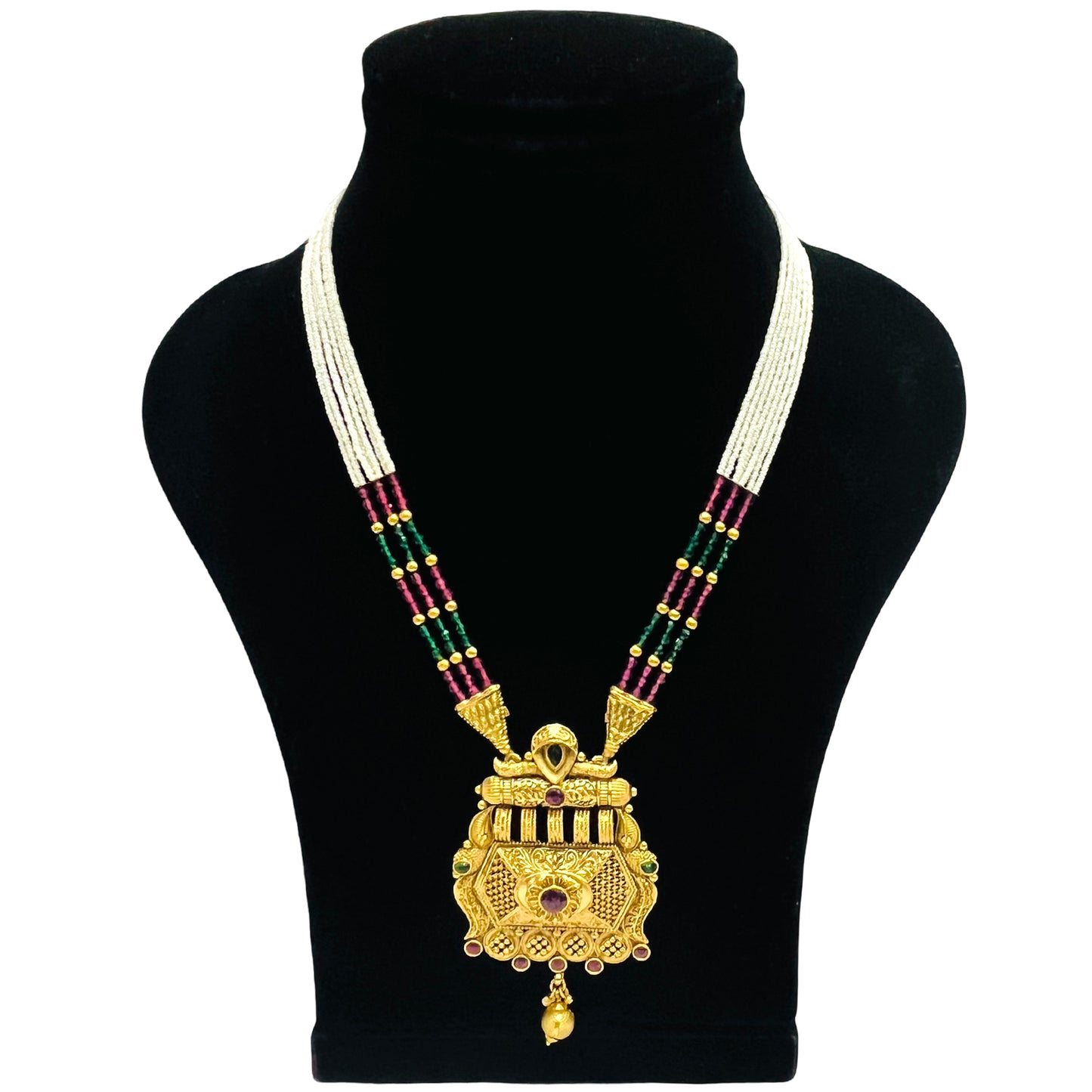 Nex Jewellers Womens Artificial Rajputana Rajasthani Traditional Ethnic Rajwadi Gold Plated Pearl Long Necklace Set Gold Plated Pearl Beaded Rani Haar Necklace Set Earring for Women