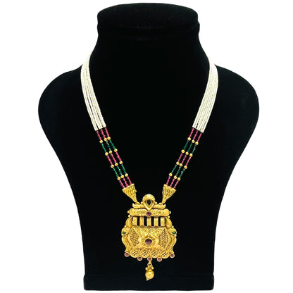 Nex Jewellers Womens Artificial Rajputana Rajasthani Traditional Ethnic Rajwadi Gold Plated Pearl Long Necklace Set Gold Plated Pearl Beaded Rani Haar Necklace Set Earring for Women