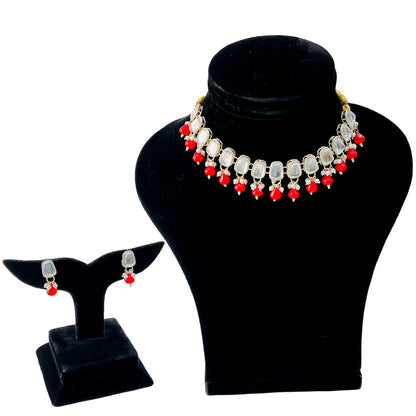 Nex Jewellers Red Beads luxurious Bridal Jewellery, Kundan Design Polki, Stones  Traditional Latest Stylish Antique Beautiful Meenakari Heavy Choker Necklace and Pearl Earrings for Women