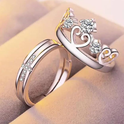 Nex Jewellers Platinum Plated American Crystal Crown Elegant Couple Adjustable Ring Gift Combo Stylish Valentine Gifts for Women Girls Men Boys Girlfriend Lovers Romantic Gift for Valentine Day