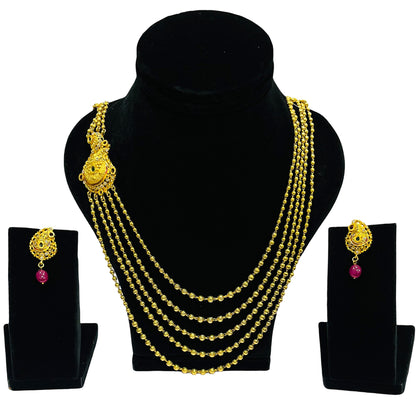 Nex JewellersOne Gram Gold with Brass Necklace & Earring Set for Women, Latest Stylish  5 String Gold Plated Necklace Traditional Necklace Jewellery Festive Wedding Party Necklace