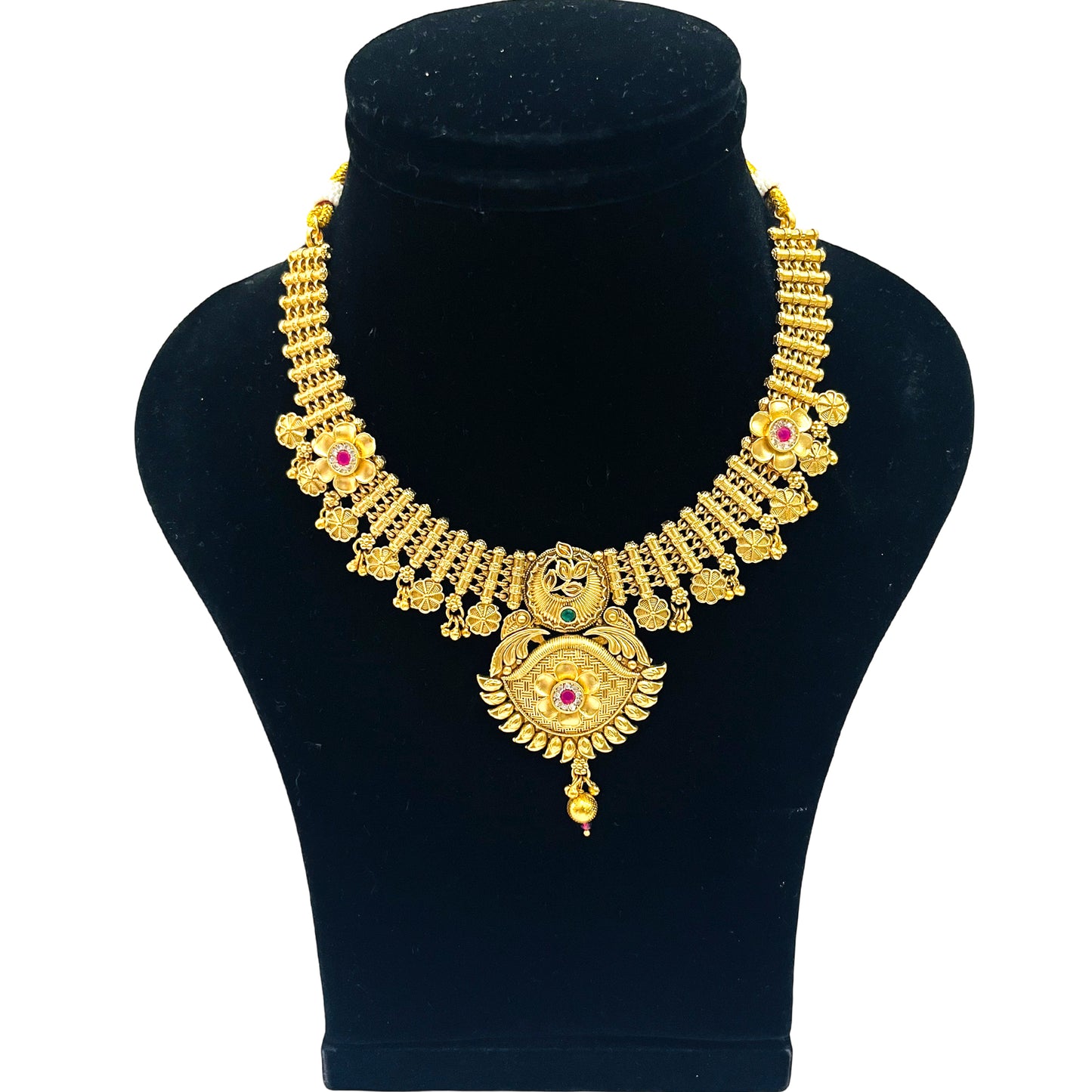 Nex Jewellers One Gram Micro Gold Plated Traditional South Indian Fashion Jewellery Stylish Ruby Emrald Stone Long Haram Set for Women & Girls