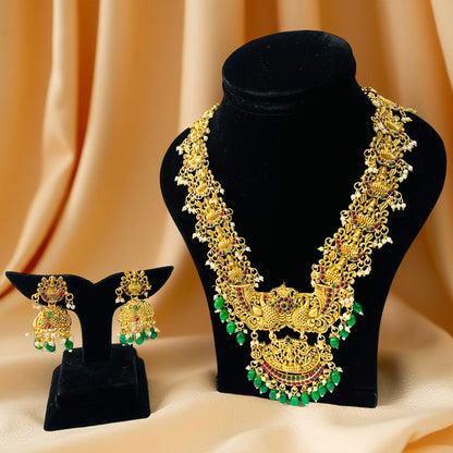 Nex Jewellers Rajputana Rajasthani Traditional Latest Stylish Antique Gold Plated Designer Peacock, Flower Long Kundan Choker Necklace Temple Bridal Necklace Earring Set for Women