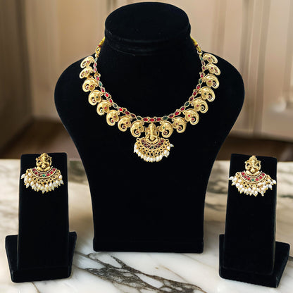 Nex Jewellers Micro Gold Plated Choker Traditional Jewellery Set for Women | Ganesh Necklace Temple jewellery set Festive Wedding Party Necklace | Like Original Gold Jewellery