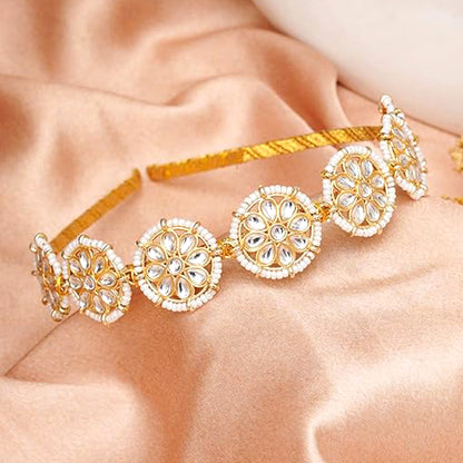 Nex Jewellers Floral Kundan Studded Matha Patti Sheesh Wedding Hairband Traditional Golden Celebrity Headband Hair accessory Jewellery for Women and Girls Non-Slip Unisex Fashion Adjustable Hoop Band (Pack of 2)