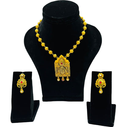 Nex Jewellers One Gram Micro Gold Rajputana Rajasthani Traditional Ethnic Rajwadi Gold Plated Pearl Long Necklace Set Gold Plated Beaded Rani Haar Necklace Set Earring for Women