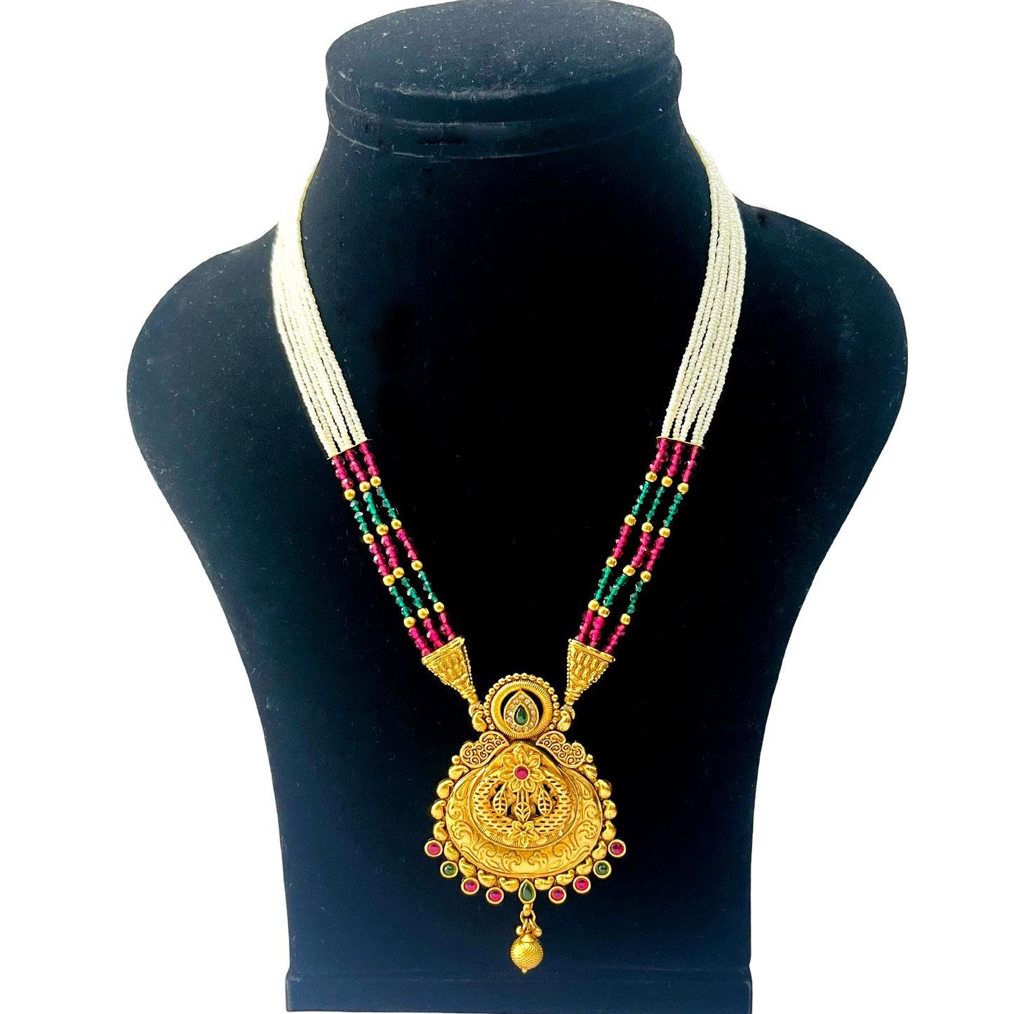 Nex Jewellers Womens Artificial Jadau Jewellery Ethnic Rajwadi Gold Plated Pearl Long Necklace Set Gold Plated Pearl Beaded Rani Haar Necklace Set Earring for Women