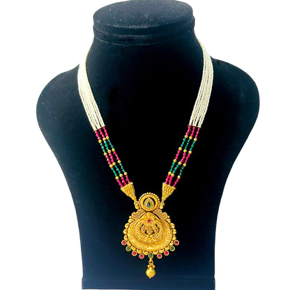 Nex Jewellers Womens Artificial Jadau Jewellery Ethnic Rajwadi Gold Plated Pearl Long Necklace Set Gold Plated Pearl Beaded Rani Haar Necklace Set Earring for Women