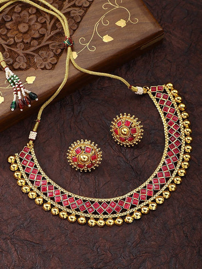 Nex Jewellers Red Meenakari Kundan Bridal Long Dazzling Necklace Earring Set jewellery for Women Gold Tone Designer Peacock, Flower Kundan Artificial Stones & Pearls Drop Bridal Necklace for Women