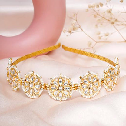 Nex Jewellers Floral Kundan Studded Matha Patti Sheesh Wedding Hairband Traditional Golden Celebrity Headband Hair accessory Jewellery for Women and Girls Non-Slip Unisex Fashion Adjustable Hoop Band (Pack of 2)