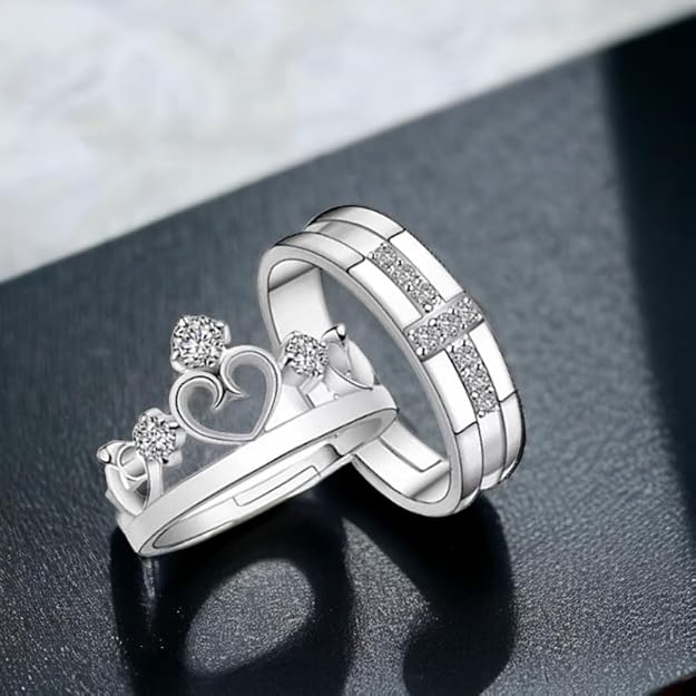 Nex Jewellers Platinum Plated American Crystal Crown Elegant Couple Adjustable Ring Gift Combo Stylish Valentine Gifts for Women Girls Men Boys Girlfriend Lovers Romantic Gift for Valentine Day