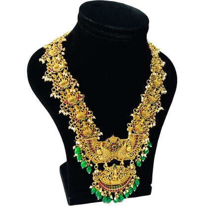 Nex Jewellers Rajputana Rajasthani Traditional Latest Stylish Antique Gold Plated Designer Peacock, Flower Long Kundan Choker Necklace Temple Bridal Necklace Earring Set for Women