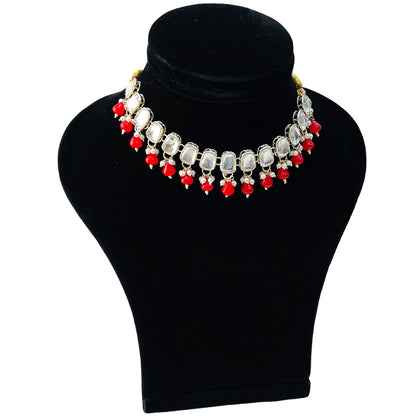 Nex Jewellers Red Beads luxurious Bridal Jewellery, Kundan Design Polki, Stones  Traditional Latest Stylish Antique Beautiful Meenakari Heavy Choker Necklace and Pearl Earrings for Women