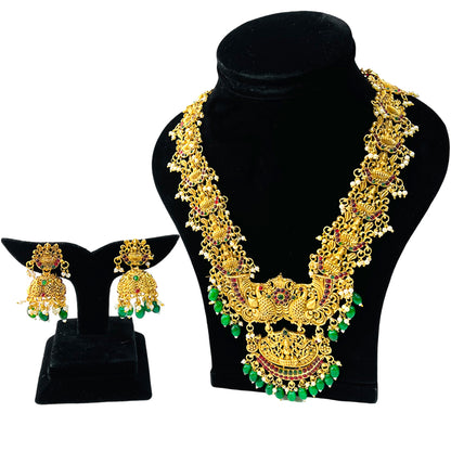 Nex Jewellers Rajputana Rajasthani Traditional Latest Stylish Antique Gold Plated Designer Peacock, Flower Long Kundan Choker Necklace Temple Bridal Necklace Earring Set for Women