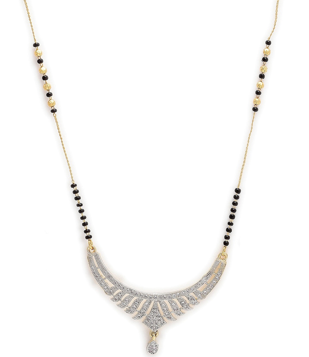 Nex Jewellers American Diamond Gold Plated Mangalsutra Pendant with Chain and Earrings Gold Plated Glorious Hand Meena 30 cm Long Mangalsutra/Tanmaniya/nallapusalu/Black Beads Mangalsutr for Women