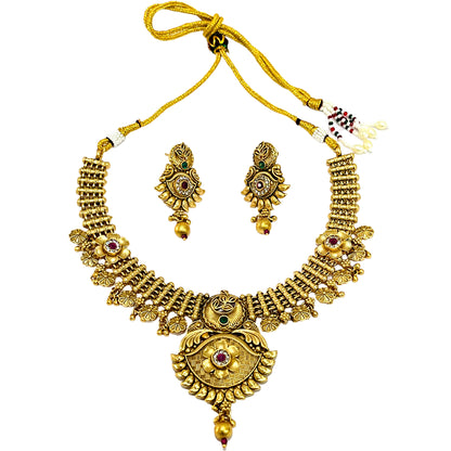 Nex Jewellers One Gram Micro Gold Plated Traditional South Indian Fashion Jewellery Stylish Ruby Emrald Stone Long Haram Set for Women & Girls