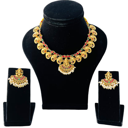 Nex Jewellers Micro Gold Plated Choker Traditional Jewellery Set for Women | Ganesh Necklace Temple jewellery set Festive Wedding Party Necklace | Like Original Gold Jewellery