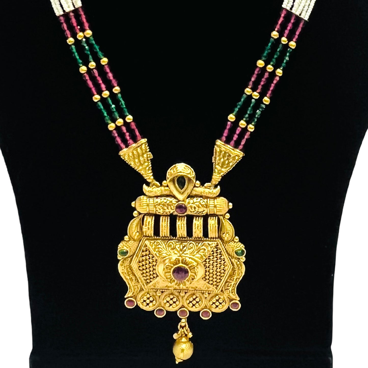 Nex Jewellers Womens Artificial Rajputana Rajasthani Traditional Ethnic Rajwadi Gold Plated Pearl Long Necklace Set Gold Plated Pearl Beaded Rani Haar Necklace Set Earring for Women