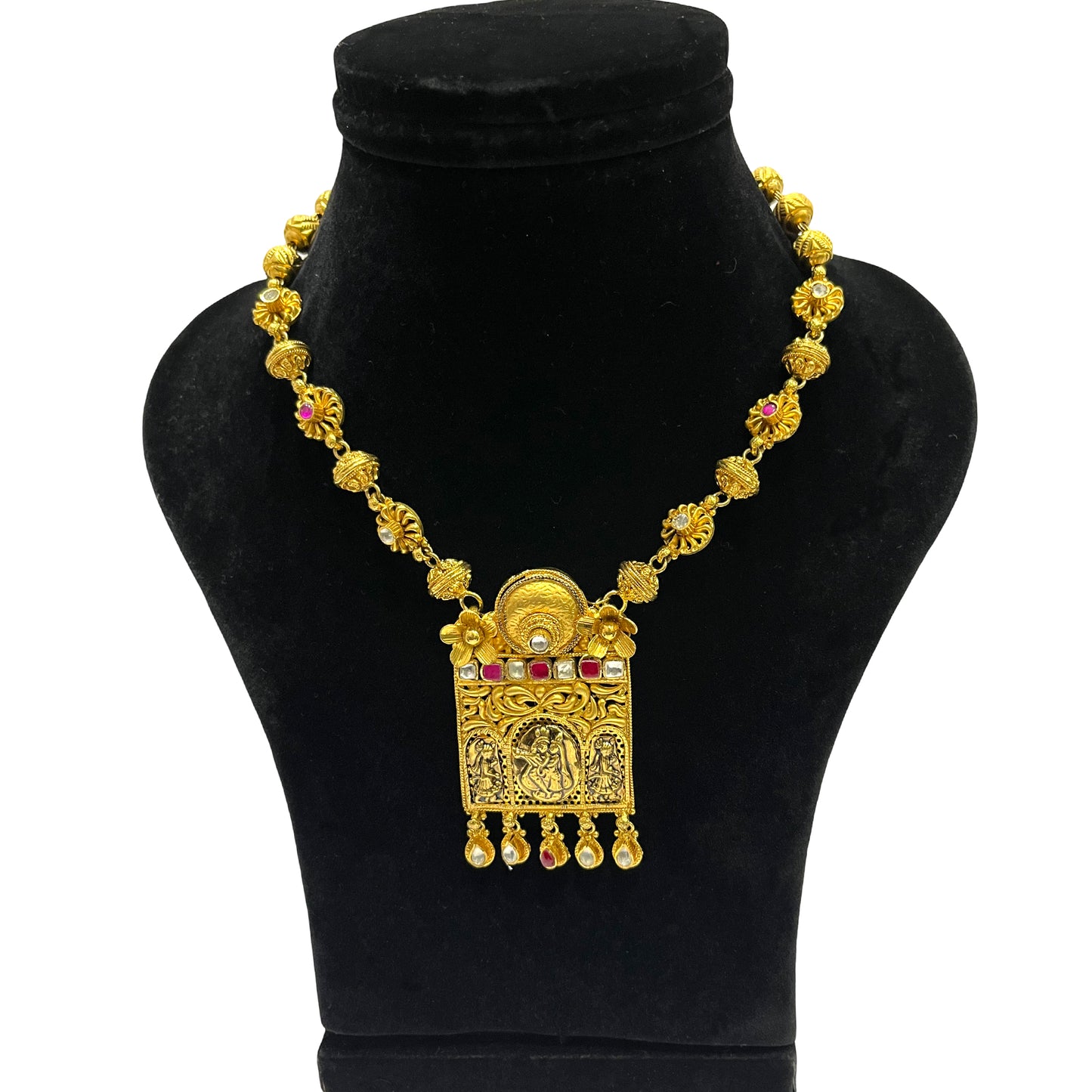 Nex Jewellers One Gram Micro Gold Rajputana Rajasthani Traditional Ethnic Rajwadi Gold Plated Pearl Long Necklace Set Gold Plated Beaded Rani Haar Necklace Set Earring for Women