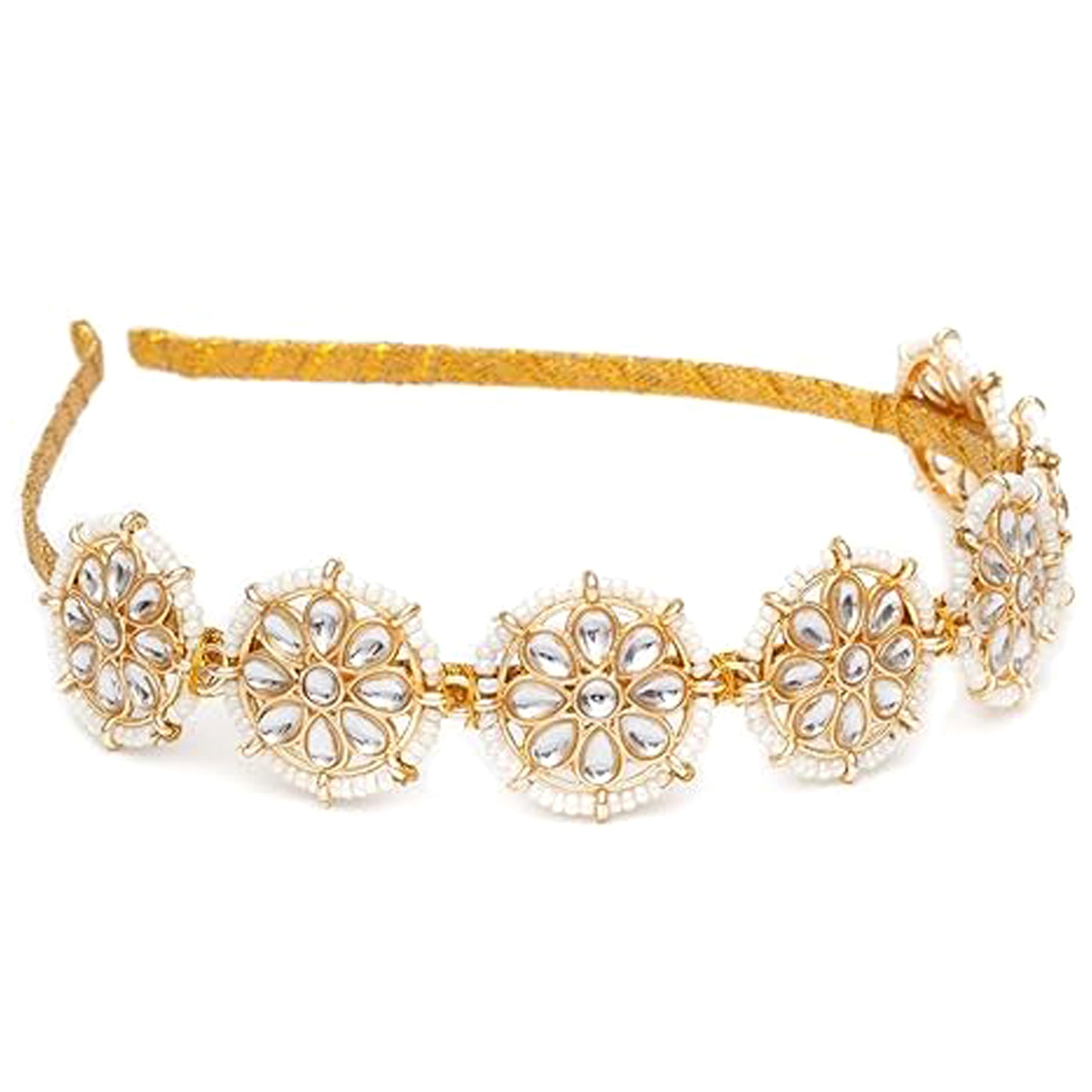 Nex Jewellers Floral Kundan Studded Matha Patti Sheesh Wedding Hairband Traditional Golden Celebrity Headband Hair accessory Jewellery for Women and Girls Non-Slip Unisex Fashion Adjustable Hoop Band (Pack of 2)