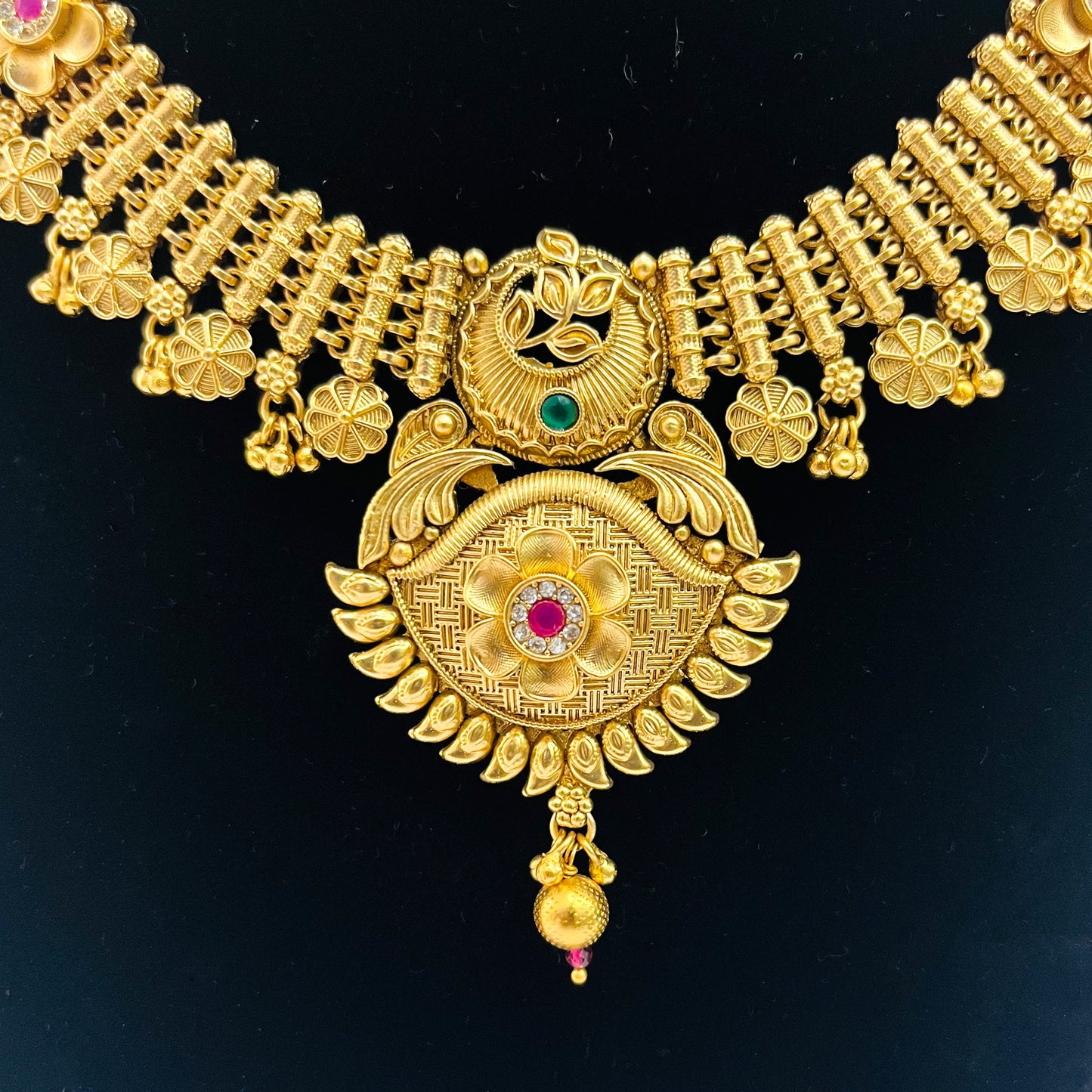 Nex Jewellers One Gram Micro Gold Plated Traditional South Indian Fashion Jewellery Stylish Ruby Emrald Stone Long Haram Set for Women & Girls