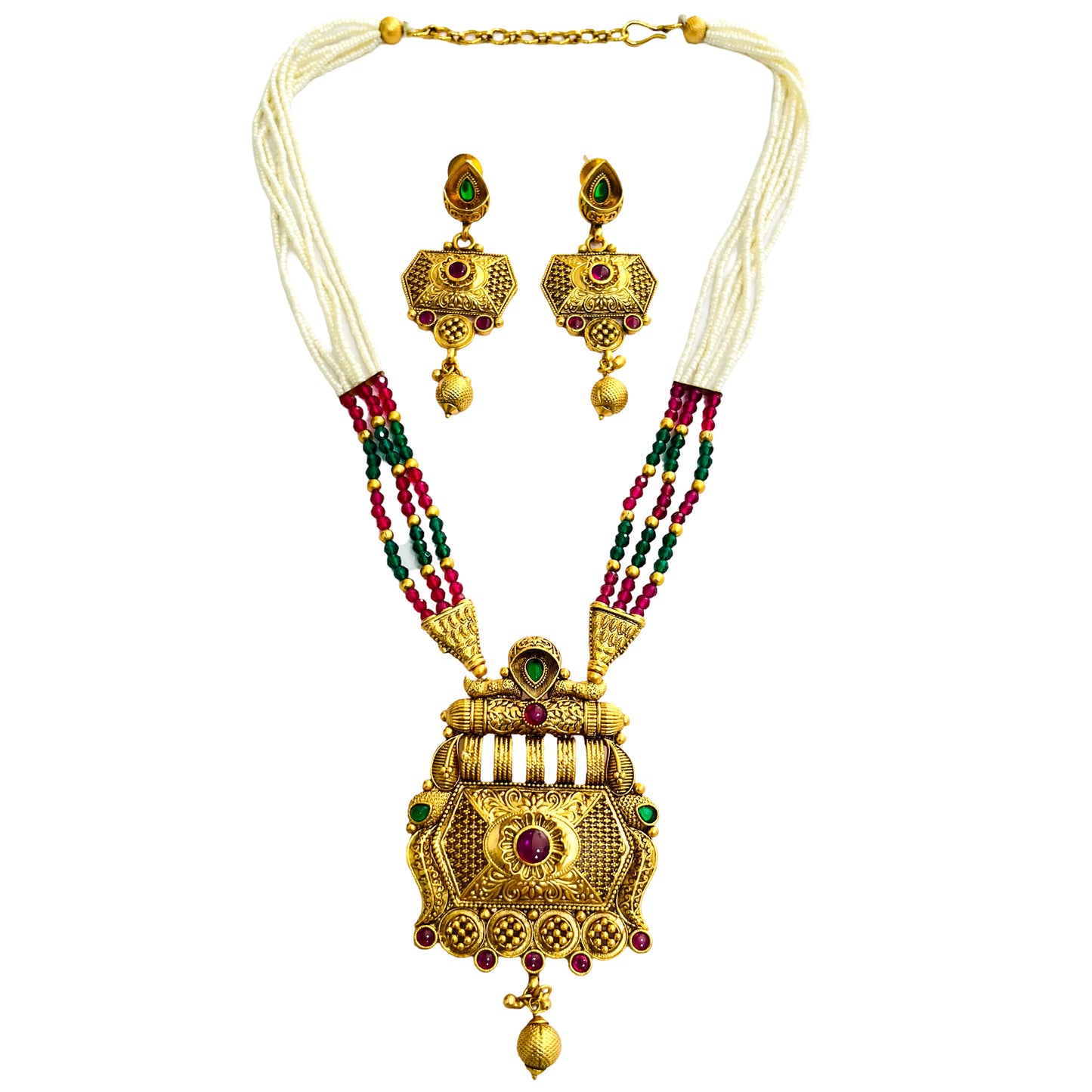 Nex Jewellers Womens Artificial Rajputana Rajasthani Traditional Ethnic Rajwadi Gold Plated Pearl Long Necklace Set Gold Plated Pearl Beaded Rani Haar Necklace Set Earring for Women