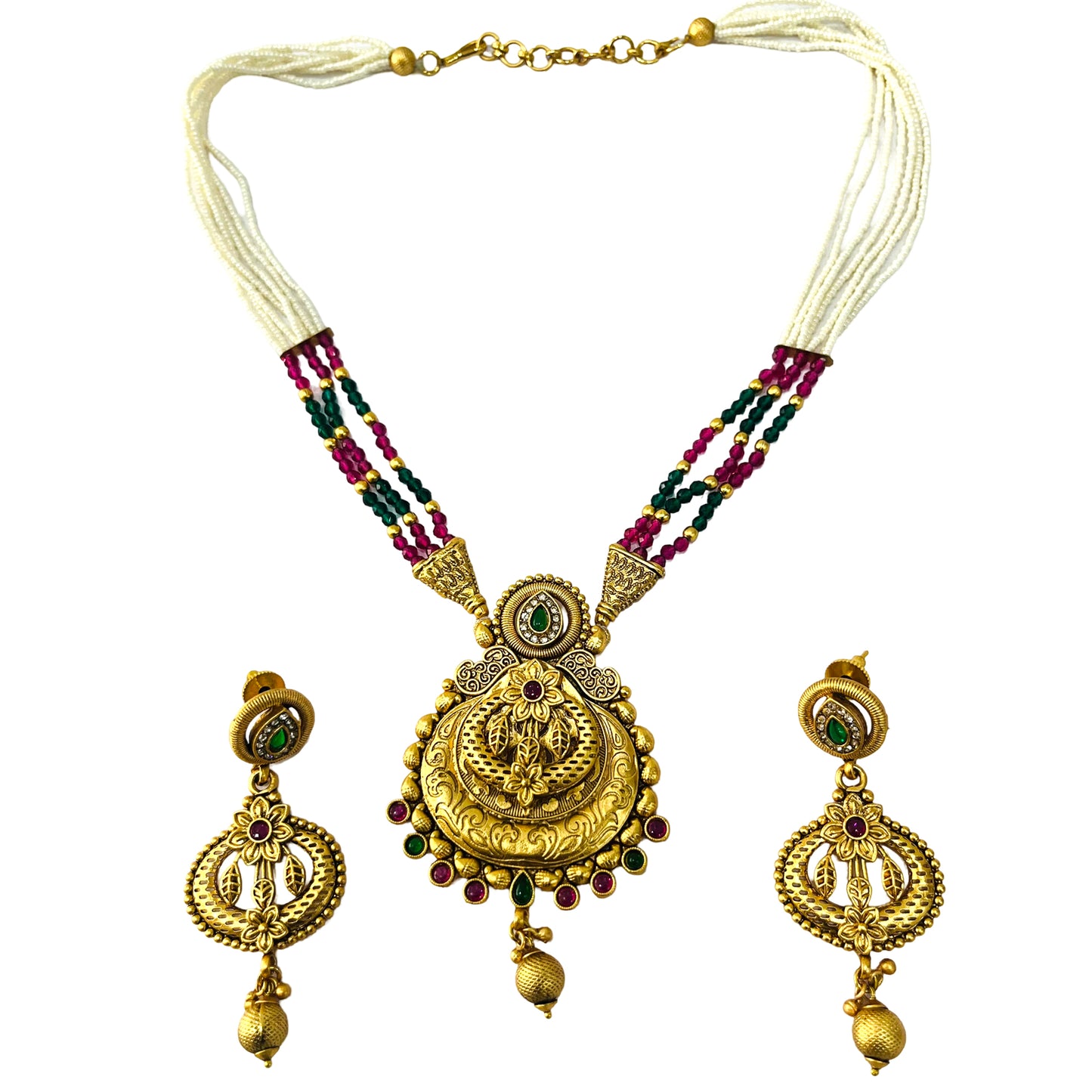 Nex Jewellers Womens Artificial Jadau Jewellery Ethnic Rajwadi Gold Plated Pearl Long Necklace Set Gold Plated Pearl Beaded Rani Haar Necklace Set Earring for Women