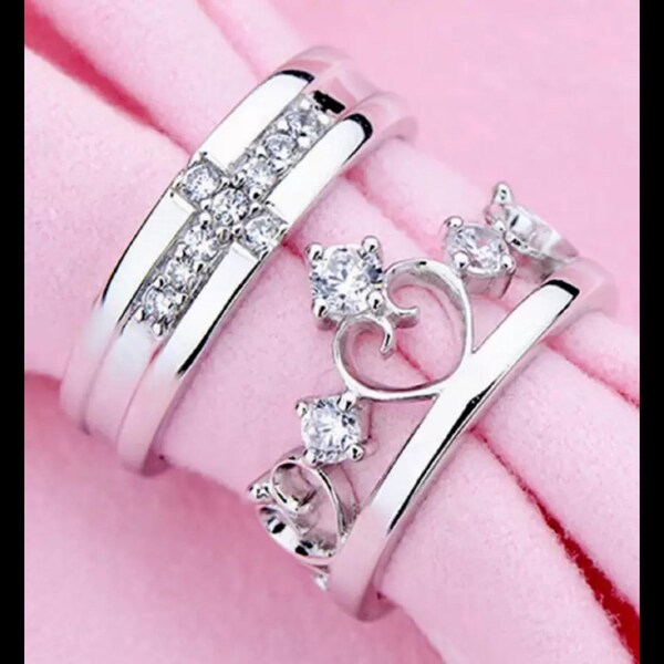 Nex Jewellers Platinum Plated American Crystal Crown Elegant Couple Adjustable Ring Gift Combo Stylish Valentine Gifts for Women Girls Men Boys Girlfriend Lovers Romantic Gift for Valentine Day