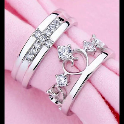 Nex Jewellers Platinum Plated American Crystal Crown Elegant Couple Adjustable Ring Gift Combo Stylish Valentine Gifts for Women Girls Men Boys Girlfriend Lovers Romantic Gift for Valentine Day
