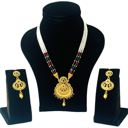 Nex Jewellers Womens Artificial Jadau Jewellery Ethnic Rajwadi Gold Plated Pearl Long Necklace Set Gold Plated Pearl Beaded Rani Haar Necklace Set Earring for Women