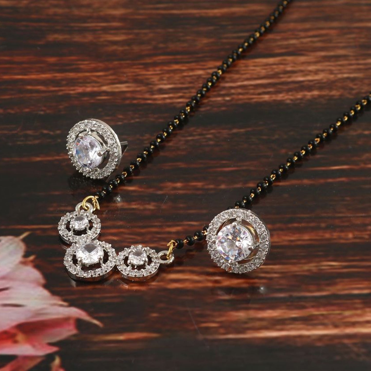 Nex Jewellers Traditional American Diamond Gold Plated Mangalsutra Tanmaniya For Women Pendant with  Black Beads Chain and Earrings Gold Plated South Indian Stylish Wedding Meenakari Maharashtrian