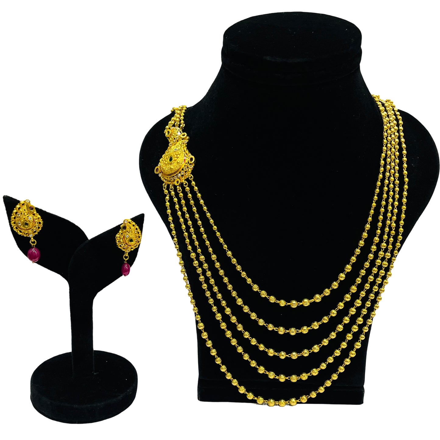 Nex JewellersOne Gram Gold with Brass Necklace & Earring Set for Women, Latest Stylish  5 String Gold Plated Necklace Traditional Necklace Jewellery Festive Wedding Party Necklace