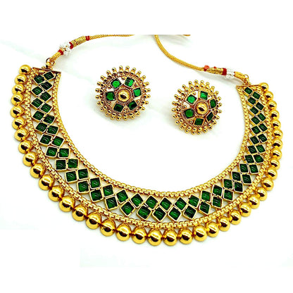 Nex Jewellers Green Meenakari Kundan Bridal Long Dazzling Necklace Earring Set jewellery for Women Gold Tone Designer Peacock, Flower Kundan Artificial Stones & Pearls Drop Bridal Necklace for Women