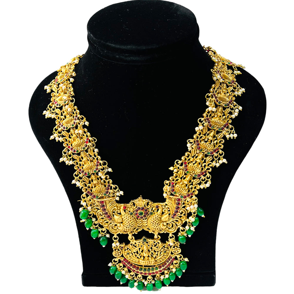 Nex Jewellers Rajputana Rajasthani Traditional Latest Stylish Antique Gold Plated Designer Peacock, Flower Long Kundan Choker Necklace Temple Bridal Necklace Earring Set for Women