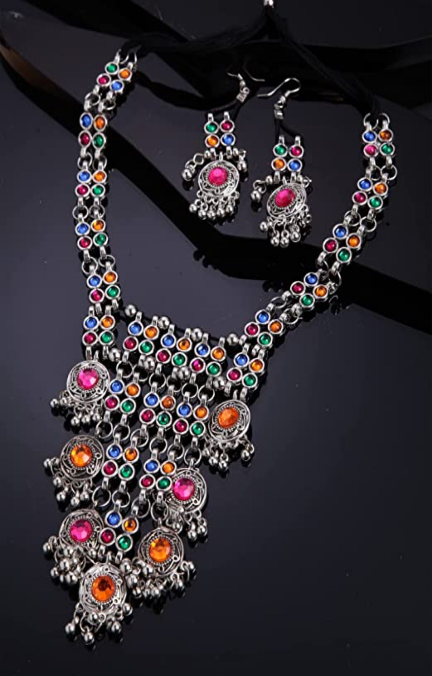 Nex Jewellers Coloured Stone luxurious bridal jewellery Kundan crafted with design Traditional Latest Stylish Antique Beautiful Meenakari Heavy Necklace & Earring for Women