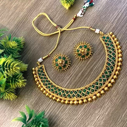 Nex Jewellers Green Meenakari Kundan Bridal Long Dazzling Necklace Earring Set jewellery for Women Gold Tone Designer Peacock, Flower Kundan Artificial Stones & Pearls Drop Bridal Necklace for Women