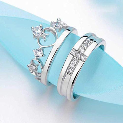 Nex Jewellers Platinum Plated American Crystal Crown Elegant Couple Adjustable Ring Gift Combo Stylish Valentine Gifts for Women Girls Men Boys Girlfriend Lovers Romantic Gift for Valentine Day