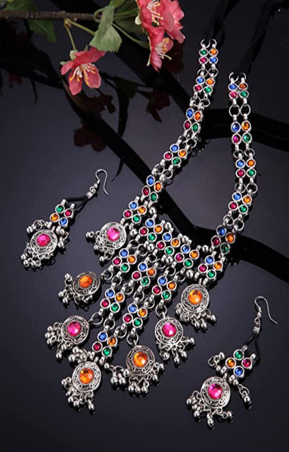 Nex Jewellers Coloured Stone luxurious bridal jewellery Kundan crafted with design Traditional Latest Stylish Antique Beautiful Meenakari Heavy Necklace & Earring for Women