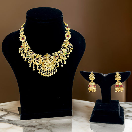 Nex Jewellers Micro Gold Plated Latest Stylish Fancy Choker Traditional Jewellery Set for Women | Laxmi Temple Necklace Set | Festive Wedding Party Necklace | Like Original Gold Jewellery