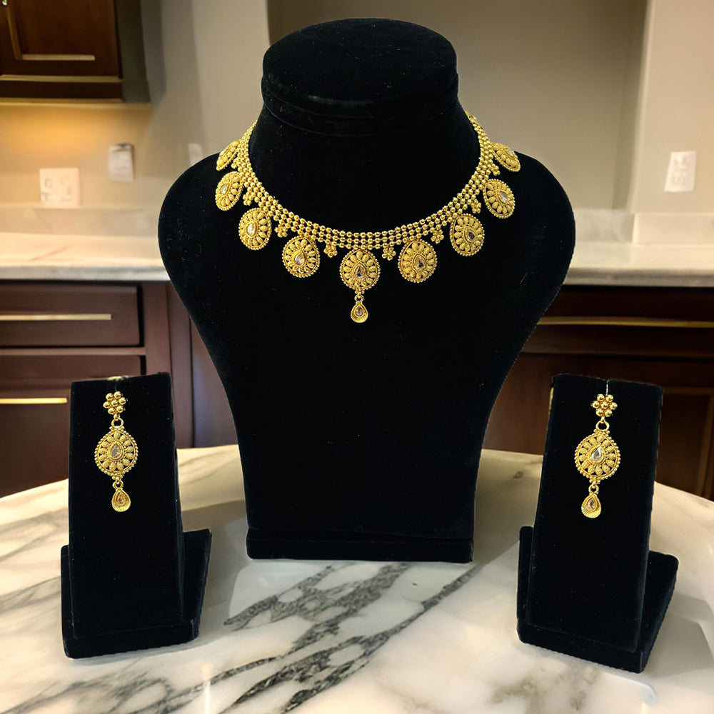 Nex Jewellers Rajputana Rajasthani Traditional Latest Stylish Antique Gold Plated Designer Peacock, Flower Long Kundan Choker Necklace & Pearls Necklace Earring Set for Women