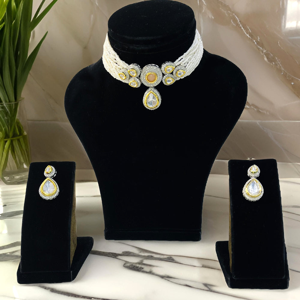 Nex Jewellers Gold Tone Latest Stylish Fancy Pearl Choker Design Antique Traditional Kundan Bridal Long Dazzling Choker Necklace Earring Jewellery Set for Women women Anniversary Gift for Wife
